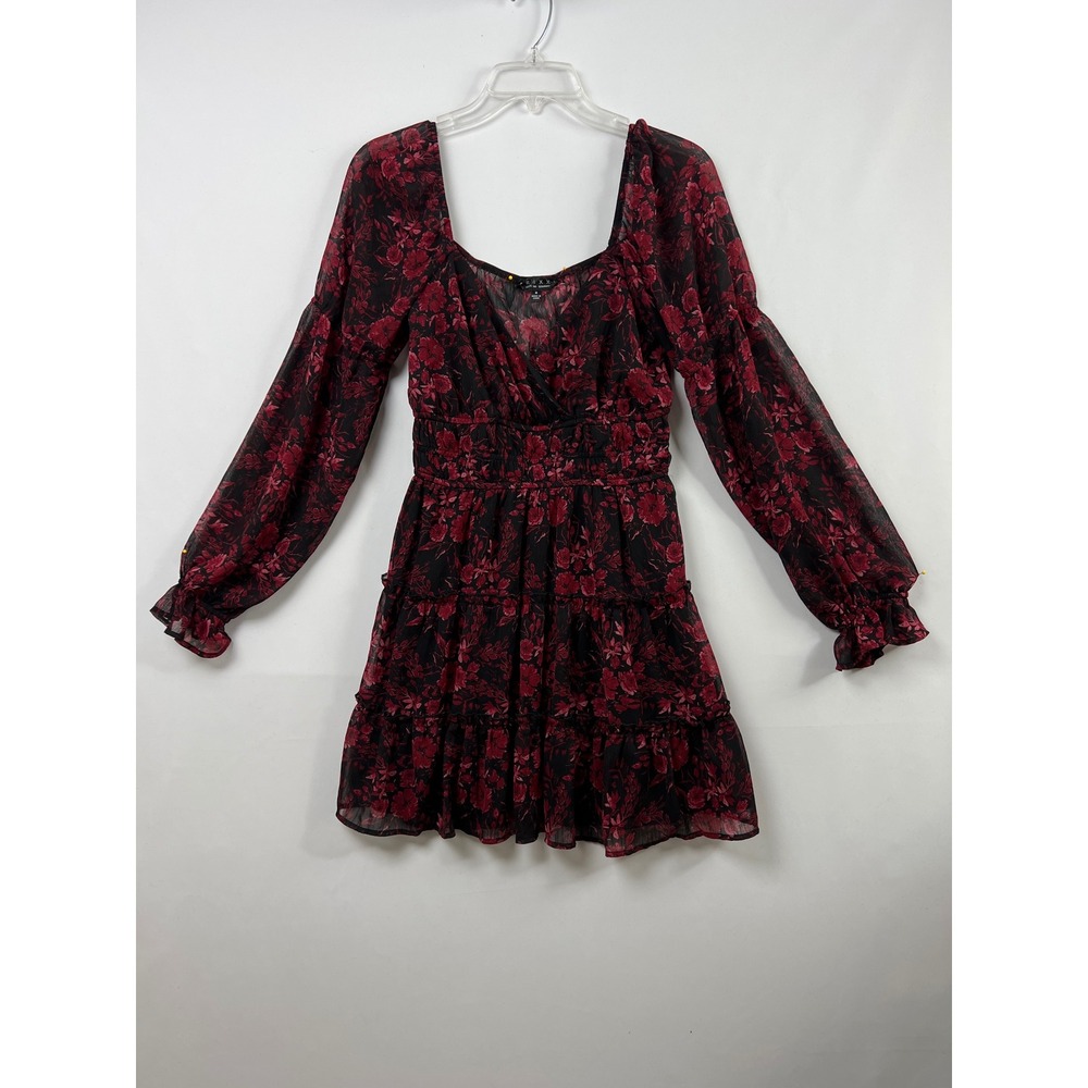 TRIXX Clothing Company Mini Dress Women Small Black Red Floral Smocked Tiered